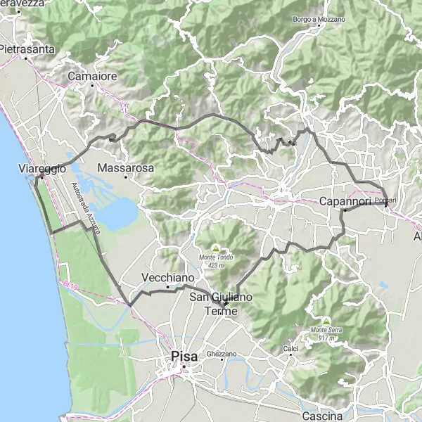 Miniatua del mapa de inspiración ciclista "Ruta de 94km desde Porcari a través de Toscana" en Toscana, Italy. Generado por Tarmacs.app planificador de rutas ciclistas