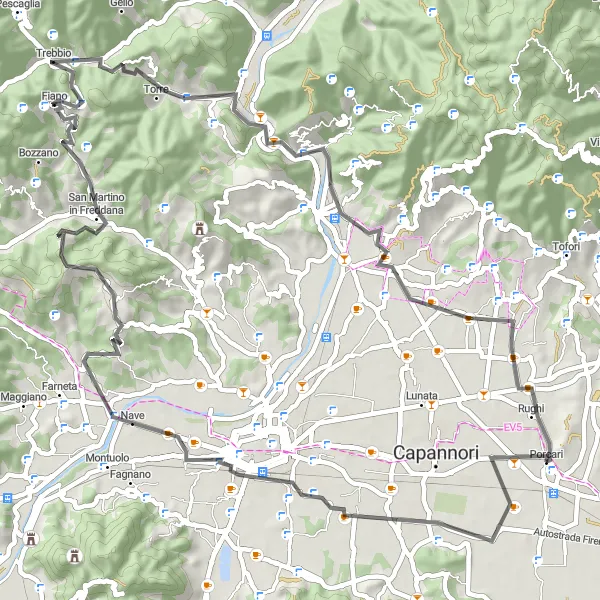 Miniatua del mapa de inspiración ciclista "Ruta de Carretera por Parezzana" en Toscana, Italy. Generado por Tarmacs.app planificador de rutas ciclistas