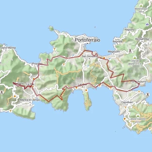 Map miniature of "Mountains and Coast" cycling inspiration in Toscana, Italy. Generated by Tarmacs.app cycling route planner