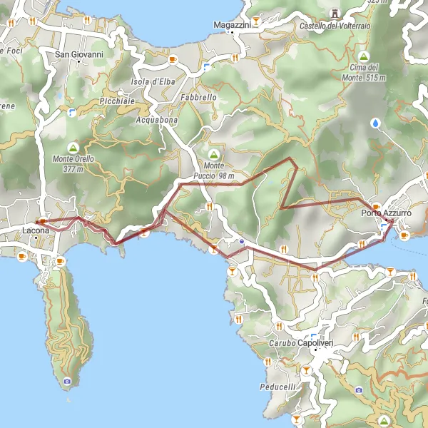 Miniaturní mapa "Porto Azzurro Coastal Ride" inspirace pro cyklisty v oblasti Toscana, Italy. Vytvořeno pomocí plánovače tras Tarmacs.app