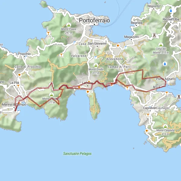 Miniaturní mapa "Marina di Campo Gravel Loop" inspirace pro cyklisty v oblasti Toscana, Italy. Vytvořeno pomocí plánovače tras Tarmacs.app