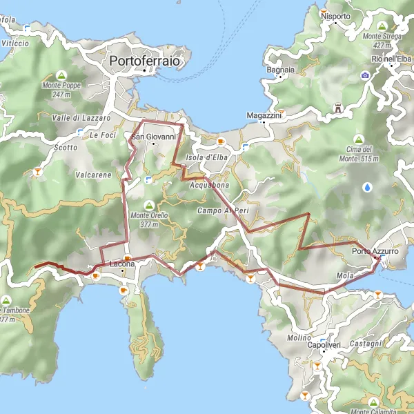 Karttaminiaatyyri "Soratiekiertue Lacona:sta Monte Mar di Capannaan" pyöräilyinspiraatiosta alueella Toscana, Italy. Luotu Tarmacs.app pyöräilyreittisuunnittelijalla