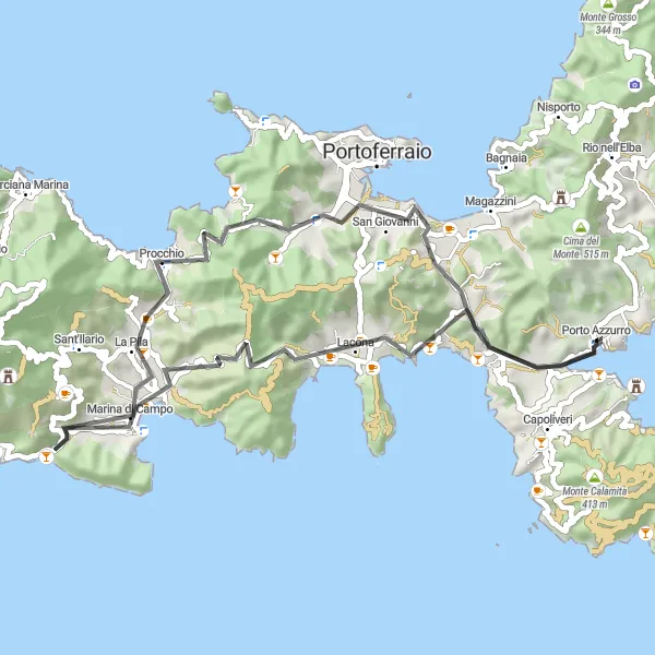 Map miniature of "Mount Tàbari Road Adventure" cycling inspiration in Toscana, Italy. Generated by Tarmacs.app cycling route planner