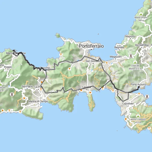 Map miniature of "Coastal Delights" cycling inspiration in Toscana, Italy. Generated by Tarmacs.app cycling route planner
