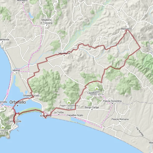 Miniatura della mappa di ispirazione al ciclismo "Tour Incantevole in Gravel nei Dintorni di Porto Ercole" nella regione di Toscana, Italy. Generata da Tarmacs.app, pianificatore di rotte ciclistiche