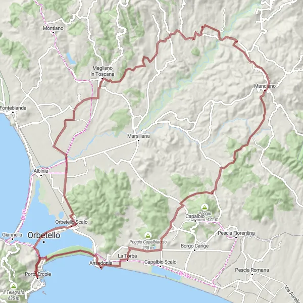 Mapa miniatúra "Gravelová trasa cez Magliano a Montemerano" cyklistická inšpirácia v Toscana, Italy. Vygenerované cyklistickým plánovačom trás Tarmacs.app