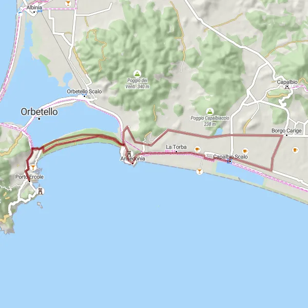 Miniatua del mapa de inspiración ciclista "Ruta de Grava de Porto Ercole a Capalbio Scalo" en Toscana, Italy. Generado por Tarmacs.app planificador de rutas ciclistas