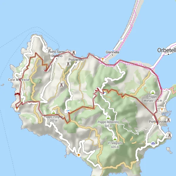 Mapa miniatúra "Gravelová trasa cez Porto Santo Stefano a Convento Padri Passionisti" cyklistická inšpirácia v Toscana, Italy. Vygenerované cyklistickým plánovačom trás Tarmacs.app