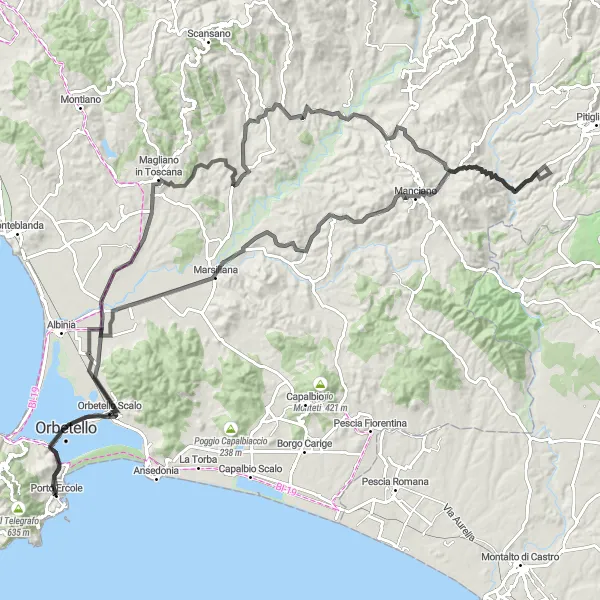 Miniatura della mappa di ispirazione al ciclismo "Epico Giro in Bici su Strada intorno a Porto Ercole" nella regione di Toscana, Italy. Generata da Tarmacs.app, pianificatore di rotte ciclistiche