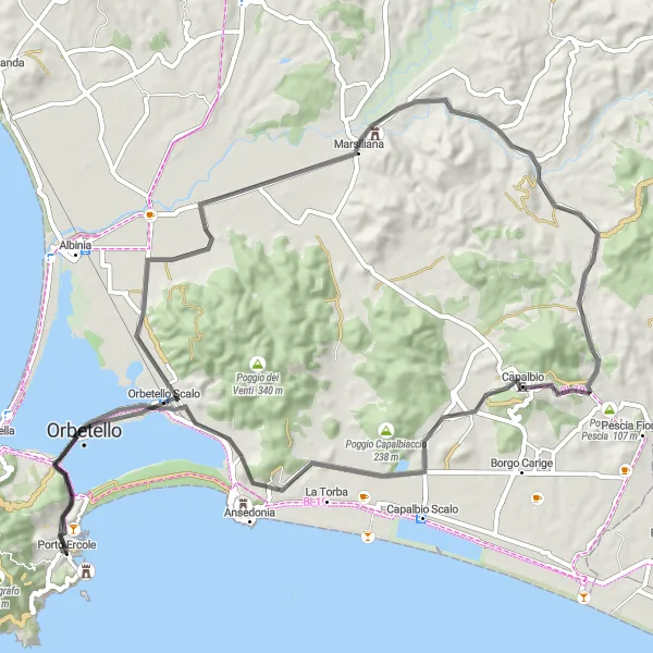 Miniaturní mapa "Road Tour to Capalbio" inspirace pro cyklisty v oblasti Toscana, Italy. Vytvořeno pomocí plánovače tras Tarmacs.app