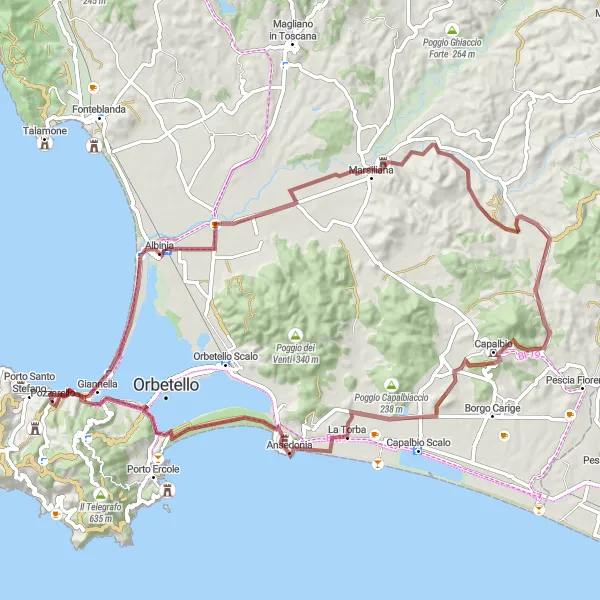 Miniatura della mappa di ispirazione al ciclismo "Esplorazione in bicicletta della campagna toscana" nella regione di Toscana, Italy. Generata da Tarmacs.app, pianificatore di rotte ciclistiche