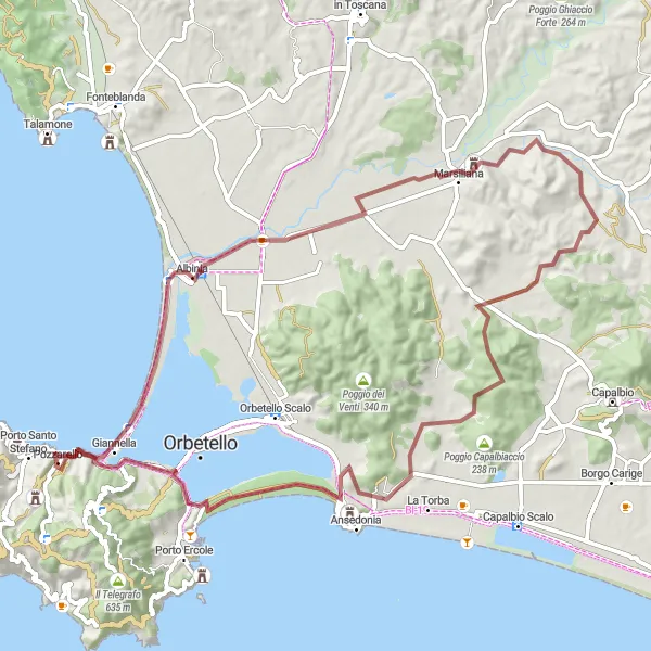 Miniatura della mappa di ispirazione al ciclismo "Esplorazione in bicicletta di Marsiliana e Poggio Imperiale" nella regione di Toscana, Italy. Generata da Tarmacs.app, pianificatore di rotte ciclistiche