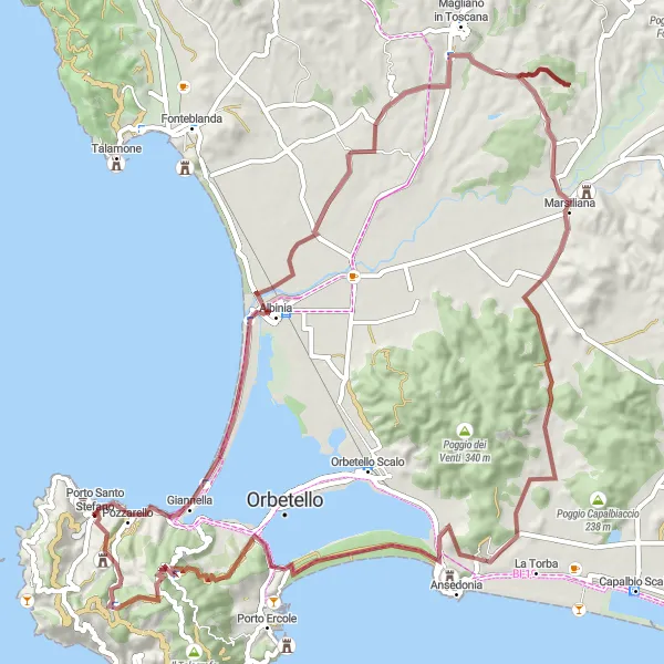 Miniatura mapy "Wspinaczkowa przygoda wokół Porto Santo Stefano" - trasy rowerowej w Toscana, Italy. Wygenerowane przez planer tras rowerowych Tarmacs.app