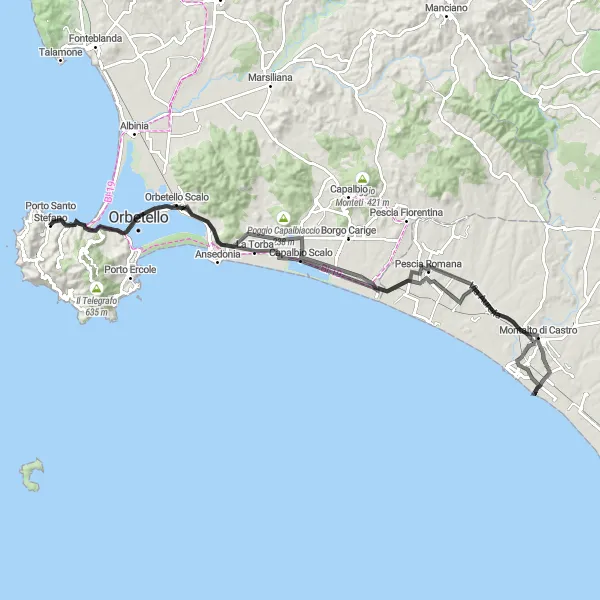 Map miniature of "Coastal Delight: Porto Santo Stefano to Montalto Marina" cycling inspiration in Toscana, Italy. Generated by Tarmacs.app cycling route planner