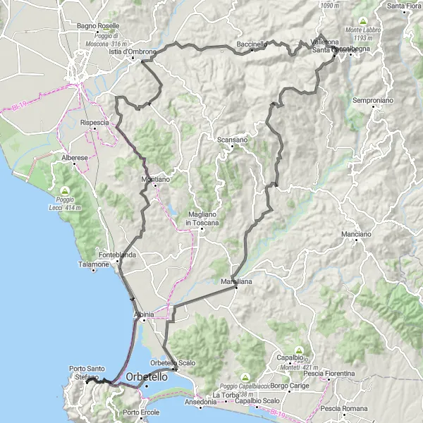 Miniatua del mapa de inspiración ciclista "Ruta de ciclismo de carretera de Porto Santo Stefano" en Toscana, Italy. Generado por Tarmacs.app planificador de rutas ciclistas