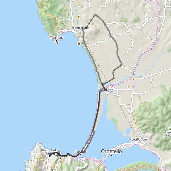 Miniatua del mapa de inspiración ciclista "Ruta de Fonteblanda" en Toscana, Italy. Generado por Tarmacs.app planificador de rutas ciclistas