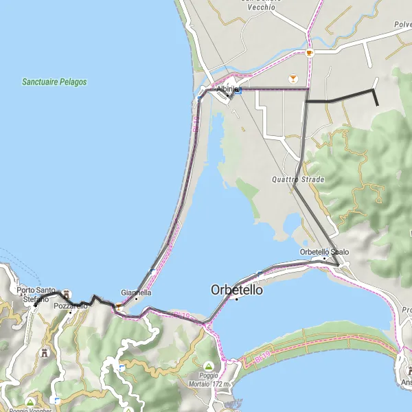 Mapa miniatúra "Okruhová cyklistická trasa cez Porto Santo Stefano" cyklistická inšpirácia v Toscana, Italy. Vygenerované cyklistickým plánovačom trás Tarmacs.app