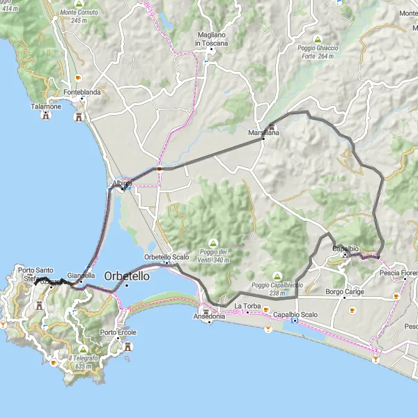 Map miniature of "Coastal Road Cycling to Orbetello" cycling inspiration in Toscana, Italy. Generated by Tarmacs.app cycling route planner