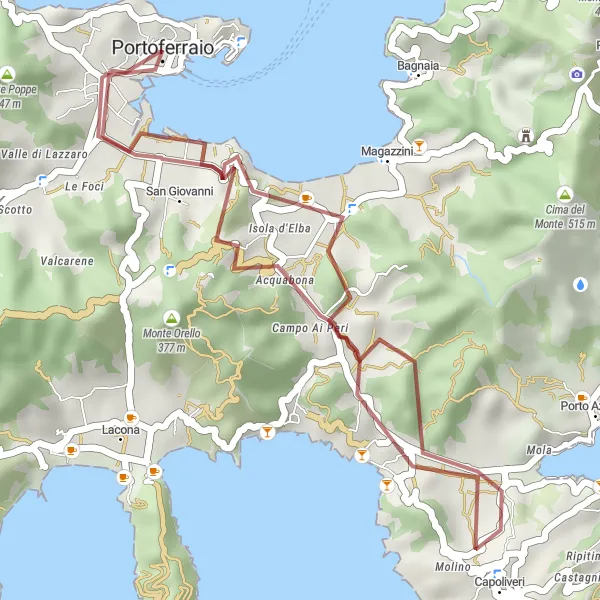 Miniaturekort af cykelinspirationen "Gruscykelrute til Monte Tàbari og Capoliveri" i Toscana, Italy. Genereret af Tarmacs.app cykelruteplanlægger
