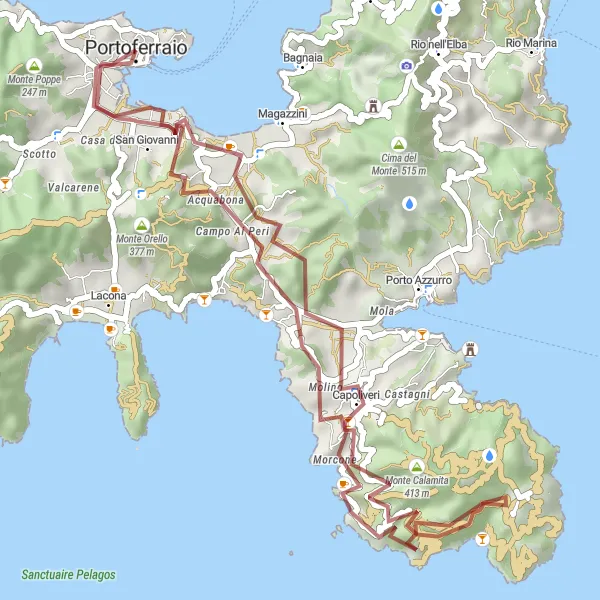 Zemljevid v pomanjšavi "Gorska avantura okoli Portoferraio" kolesarske inspiracije v Toscana, Italy. Generirano z načrtovalcem kolesarskih poti Tarmacs.app