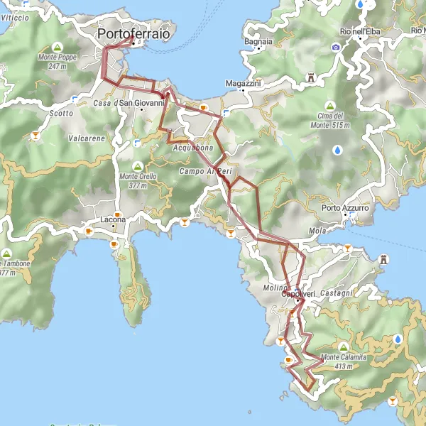 Miniatura della mappa di ispirazione al ciclismo "Raid in bicicletta fino alla cima di Monte Calamita" nella regione di Toscana, Italy. Generata da Tarmacs.app, pianificatore di rotte ciclistiche