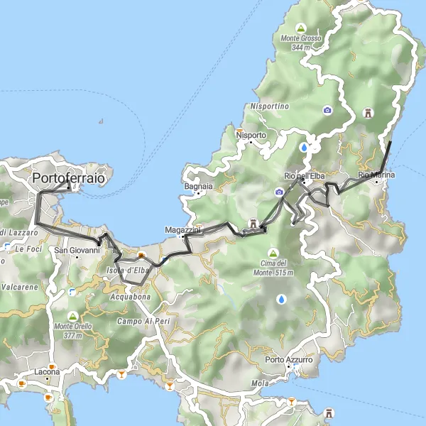 Karttaminiaatyyri "Portoferraion kierros - Volterraion ympäri" pyöräilyinspiraatiosta alueella Toscana, Italy. Luotu Tarmacs.app pyöräilyreittisuunnittelijalla
