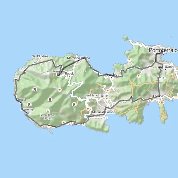 Karttaminiaatyyri "Portoferraiosta Monte Orellon ympäri" pyöräilyinspiraatiosta alueella Toscana, Italy. Luotu Tarmacs.app pyöräilyreittisuunnittelijalla