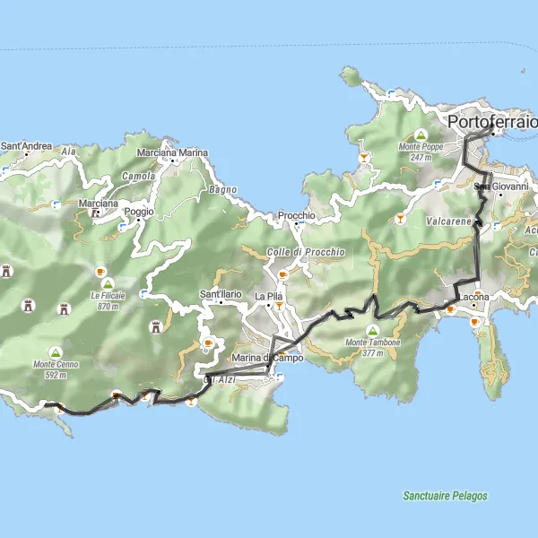 Karttaminiaatyyri "Portoferraion kierros - Monte Orellon ja Tambonen ympäri" pyöräilyinspiraatiosta alueella Toscana, Italy. Luotu Tarmacs.app pyöräilyreittisuunnittelijalla