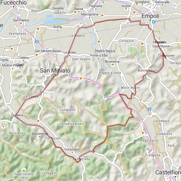 Map miniature of "Gravel Cycling Adventure near Pozzale-Case Nuove" cycling inspiration in Toscana, Italy. Generated by Tarmacs.app cycling route planner