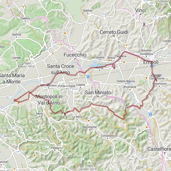 Miniatua del mapa de inspiración ciclista "Ruta Gravel de Monterappoli a Empoli" en Toscana, Italy. Generado por Tarmacs.app planificador de rutas ciclistas