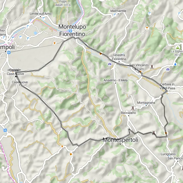 Map miniature of "Montelupo Fiorentino Loop" cycling inspiration in Toscana, Italy. Generated by Tarmacs.app cycling route planner