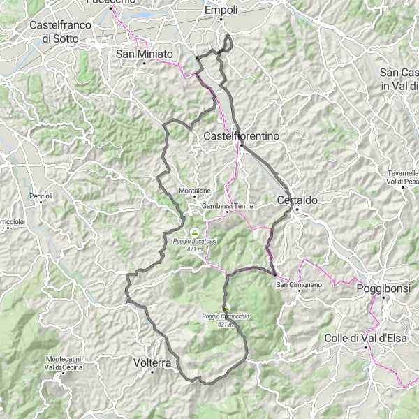 Karttaminiaatyyri "Tiekiertue Pozzalesta Corazzanoon" pyöräilyinspiraatiosta alueella Toscana, Italy. Luotu Tarmacs.app pyöräilyreittisuunnittelijalla