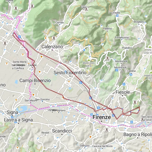 Mapa miniatúra "Trasa cez Campi Bisenzio" cyklistická inšpirácia v Toscana, Italy. Vygenerované cyklistickým plánovačom trás Tarmacs.app