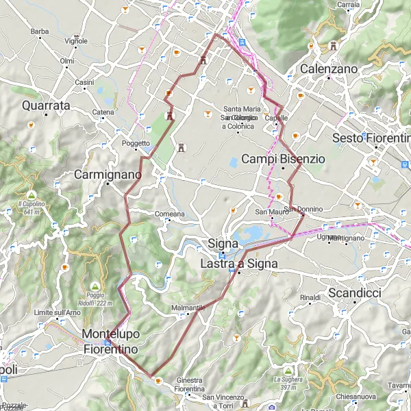 Miniatuurkaart van de fietsinspiratie "Gravelroute Prato - Campi Bisenzio - Lastra a Signa - Colle Malmantile - Montelupo Fiorentino - Poggetto - Prato" in Toscana, Italy. Gemaakt door de Tarmacs.app fietsrouteplanner