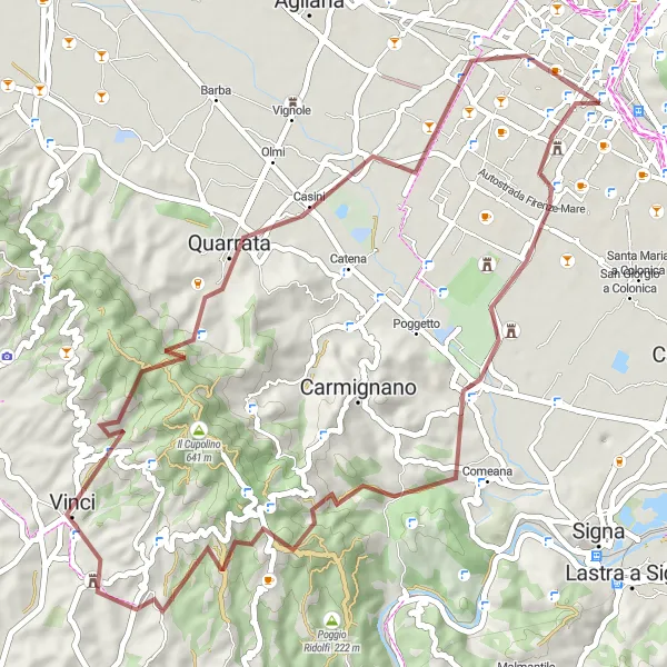 Kartminiatyr av "Äventyrlig cykeltur till Poggio a Caiano" cykelinspiration i Toscana, Italy. Genererad av Tarmacs.app cykelruttplanerare