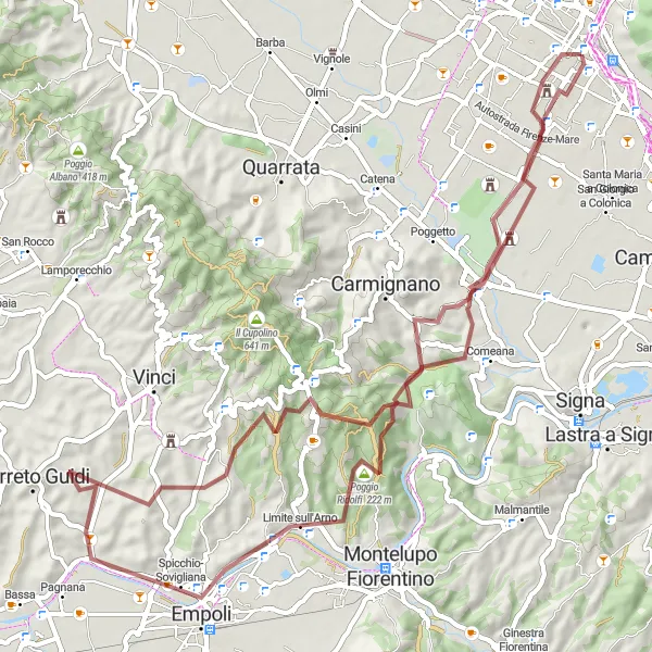 Miniatura della mappa di ispirazione al ciclismo "Avventura in Gravel da Prato a Artimino" nella regione di Toscana, Italy. Generata da Tarmacs.app, pianificatore di rotte ciclistiche