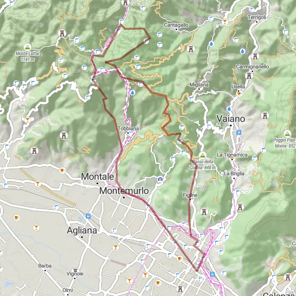 Miniatua del mapa de inspiración ciclista "Explorando Montemurlo y Figline en Bicicleta" en Toscana, Italy. Generado por Tarmacs.app planificador de rutas ciclistas