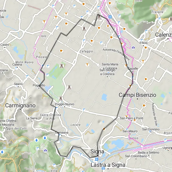 Map miniature of "Prato to Campi Bisenzio Road Cycling Route" cycling inspiration in Toscana, Italy. Generated by Tarmacs.app cycling route planner