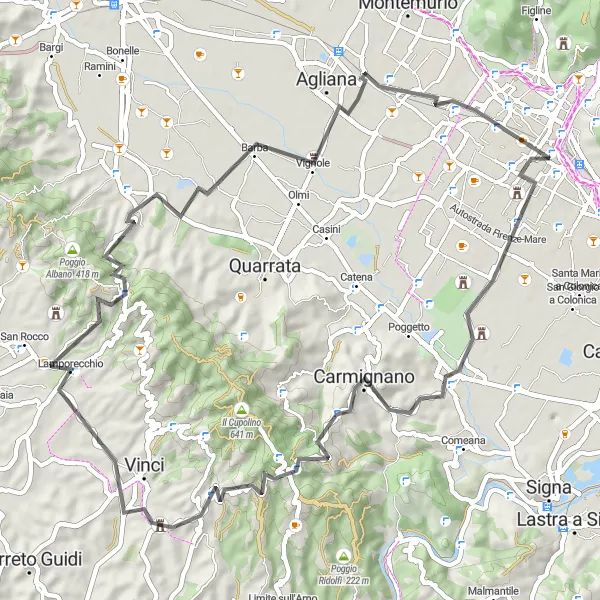 Miniatua del mapa de inspiración ciclista "Ruta de 68km en carretera desde Prato" en Toscana, Italy. Generado por Tarmacs.app planificador de rutas ciclistas