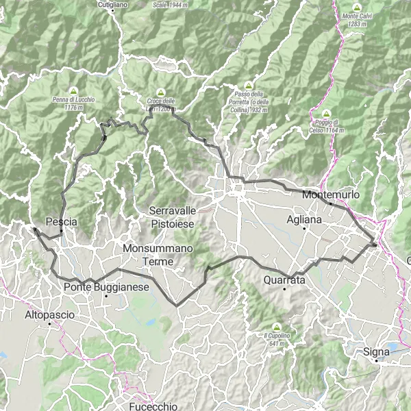 Kartminiatyr av "Unik 120 km veistur fra Prato til Pistoia og tilbake" sykkelinspirasjon i Toscana, Italy. Generert av Tarmacs.app sykkelrutoplanlegger