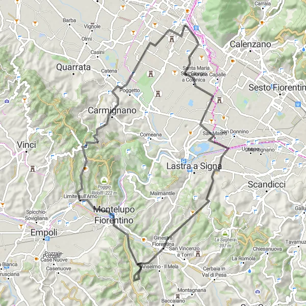 Miniatua del mapa de inspiración ciclista "Ruta de 69km en carretera desde Prato" en Toscana, Italy. Generado por Tarmacs.app planificador de rutas ciclistas