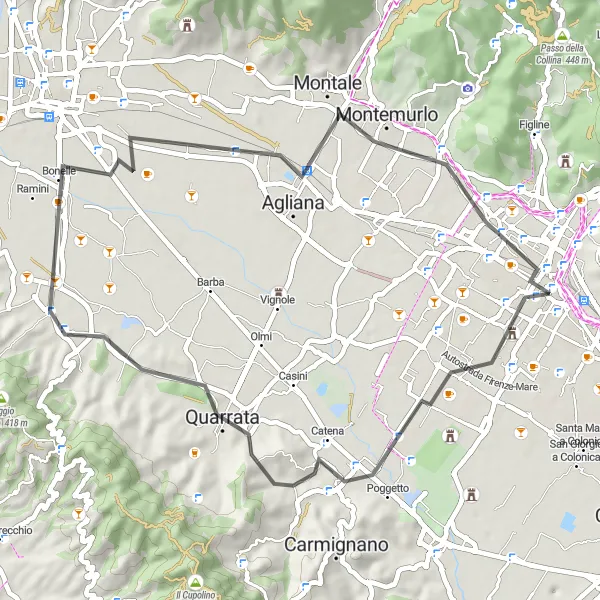 Miniaturekort af cykelinspirationen "Landevejsrute fra Prato til Tizzana" i Toscana, Italy. Genereret af Tarmacs.app cykelruteplanlægger