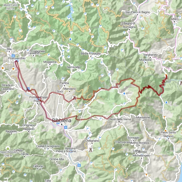 Miniatua del mapa de inspiración ciclista "Ruta de Grava Poppi-La Verna-Bulciano-Poggio di Gello" en Toscana, Italy. Generado por Tarmacs.app planificador de rutas ciclistas