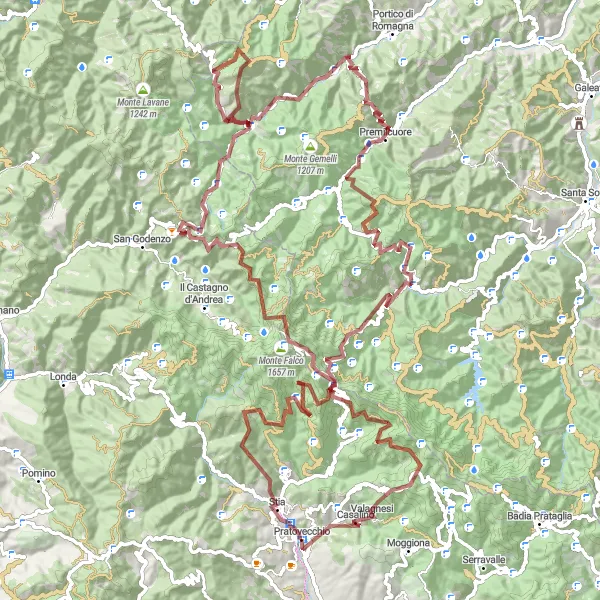 Kartminiatyr av "Äventyrlig Grusväg till Monte Falco" cykelinspiration i Toscana, Italy. Genererad av Tarmacs.app cykelruttplanerare