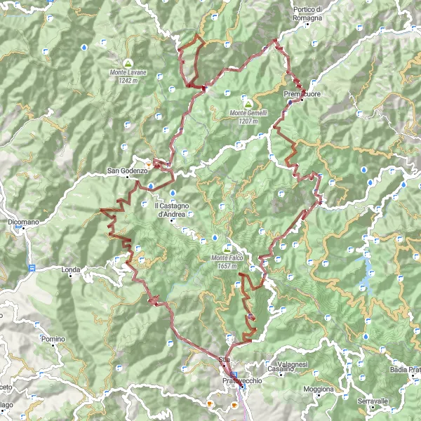 Miniature de la carte de l'inspiration cycliste "Tour de Toscane Gravel 140 km" dans la Toscana, Italy. Générée par le planificateur d'itinéraire cycliste Tarmacs.app