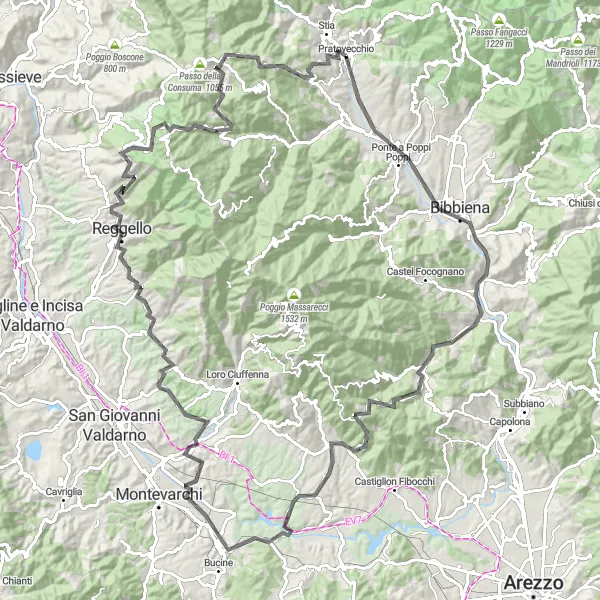 Miniaturní mapa "Cyklistická trasa kolem Pratovecchia" inspirace pro cyklisty v oblasti Toscana, Italy. Vytvořeno pomocí plánovače tras Tarmacs.app