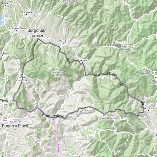 Map miniature of "Pratovecchio Hilltop Adventure" cycling inspiration in Toscana, Italy. Generated by Tarmacs.app cycling route planner