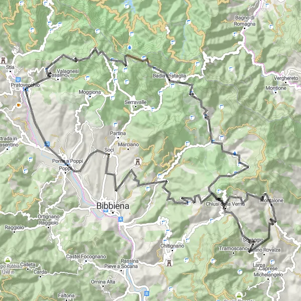 Miniaturní mapa "Okruh na kole kolem Pratovecchia" inspirace pro cyklisty v oblasti Toscana, Italy. Vytvořeno pomocí plánovače tras Tarmacs.app