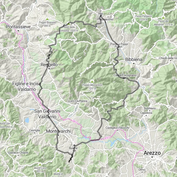 Map miniature of "Legendary Road Cycling Route near Poppi" cycling inspiration in Toscana, Italy. Generated by Tarmacs.app cycling route planner