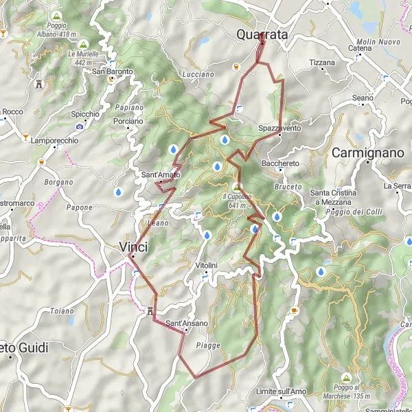 Miniatua del mapa de inspiración ciclista "Ruta de Ciclismo de Grava Quarrata-Vinci" en Toscana, Italy. Generado por Tarmacs.app planificador de rutas ciclistas